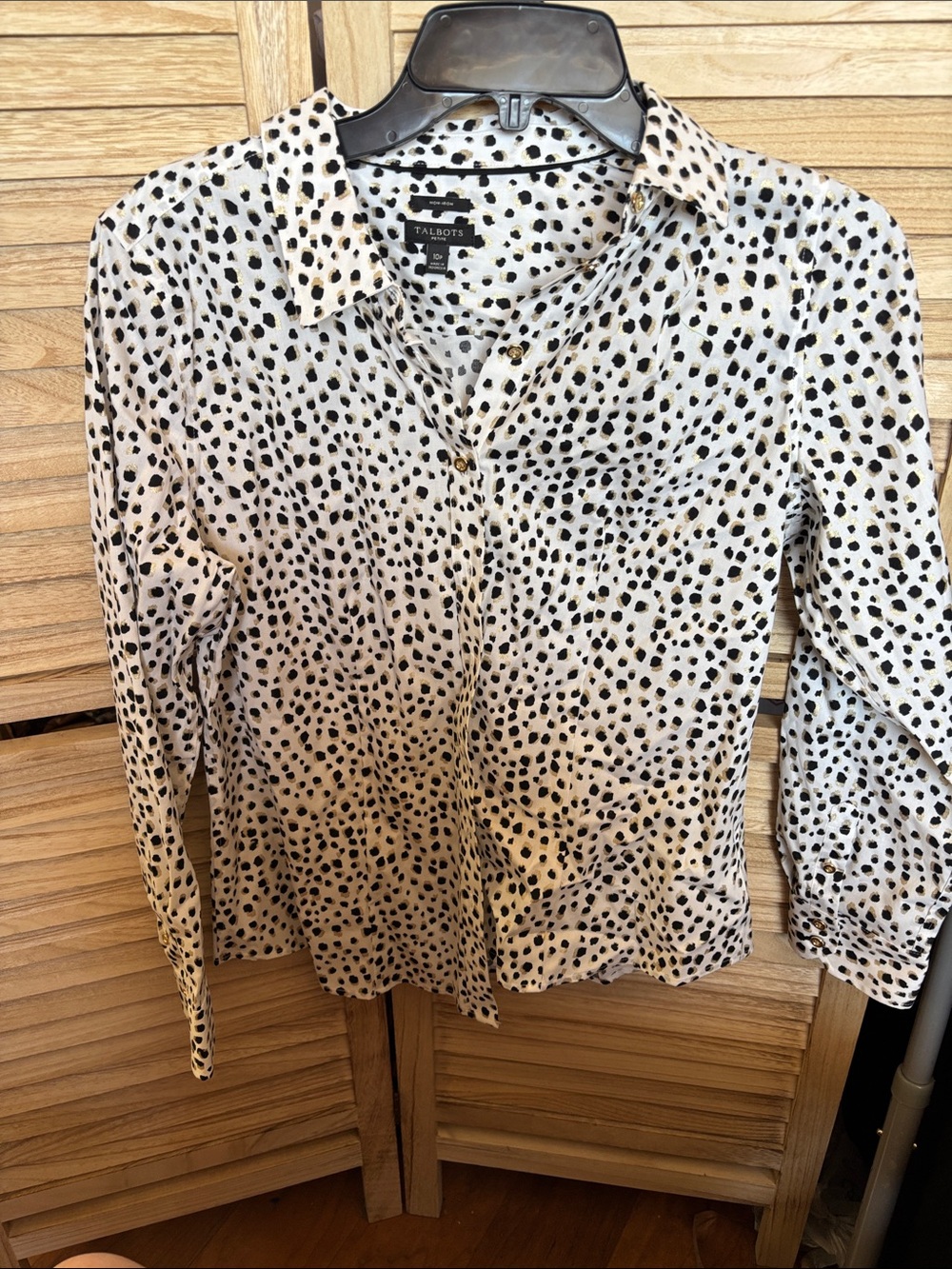 Talbots Button-Down Blouse with Black Spot Print 10P NWOT